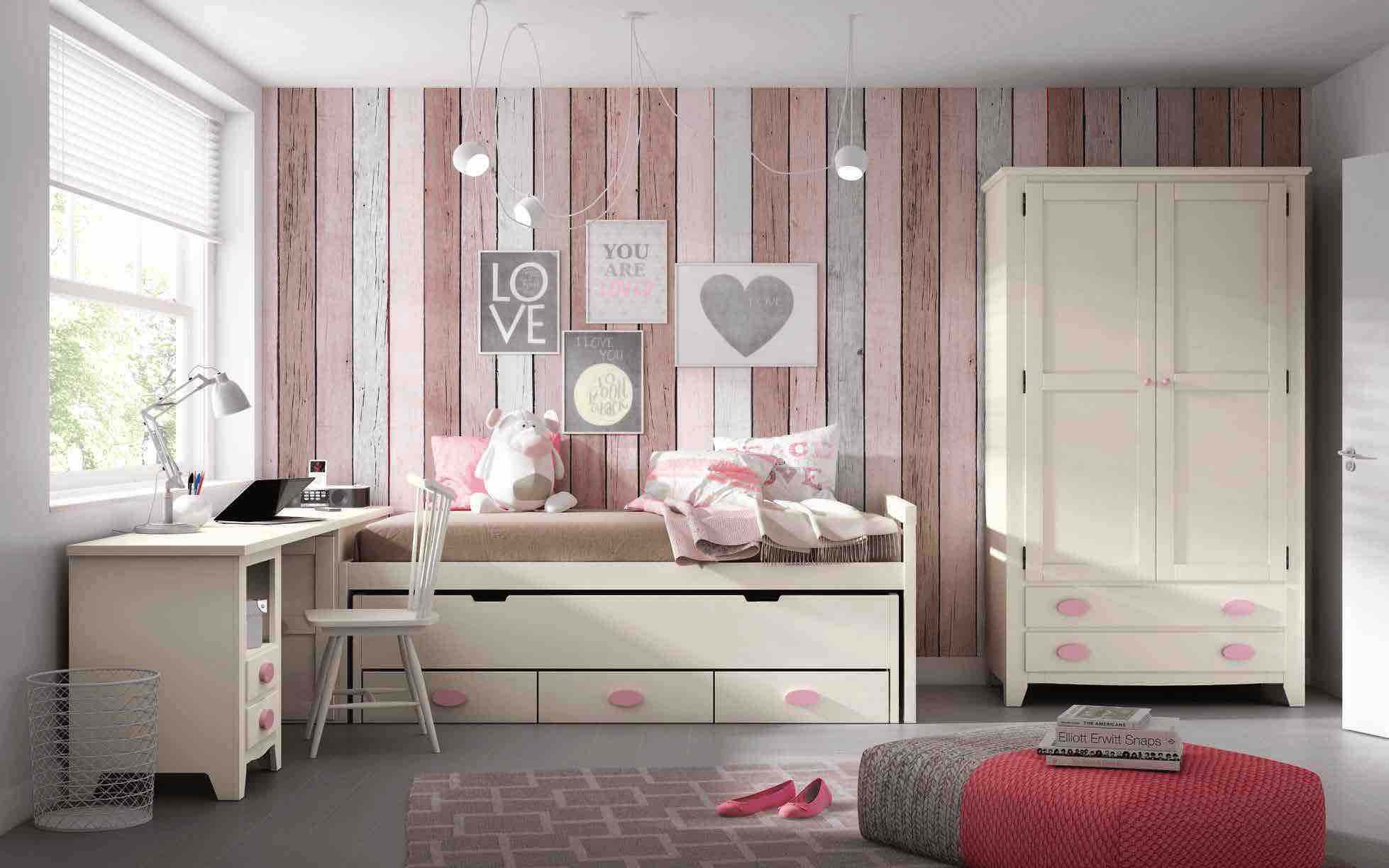 Dormitorio juvenil en color rosa y gris suave