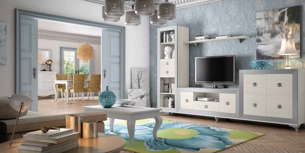 SALON COMEDOR EN COLOR ROBLE TIBET Y PLATA - Muebles Sipo