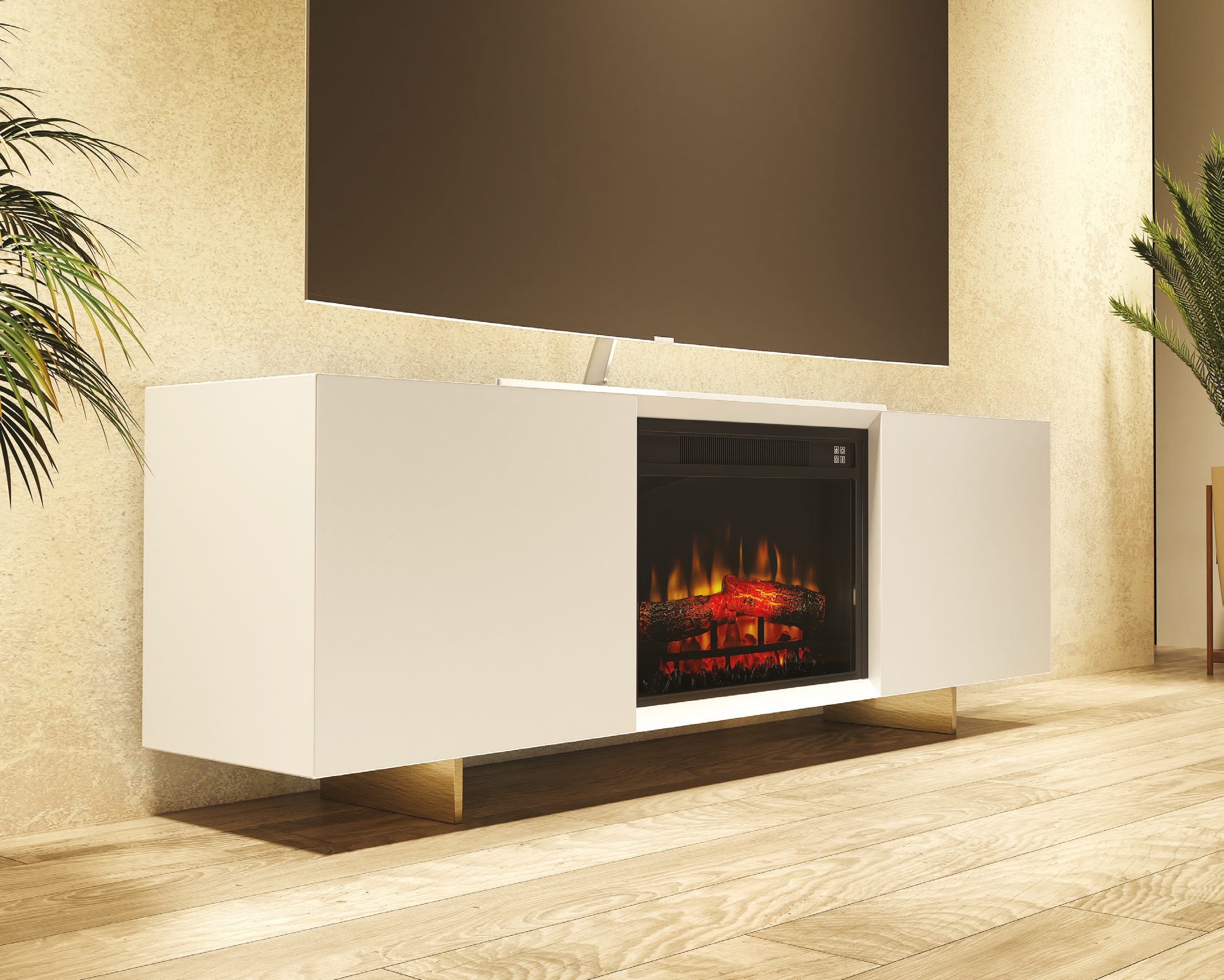 Mueble TV blanco con chimenea eléctrica integrada – Diseño minimalista y acogedor