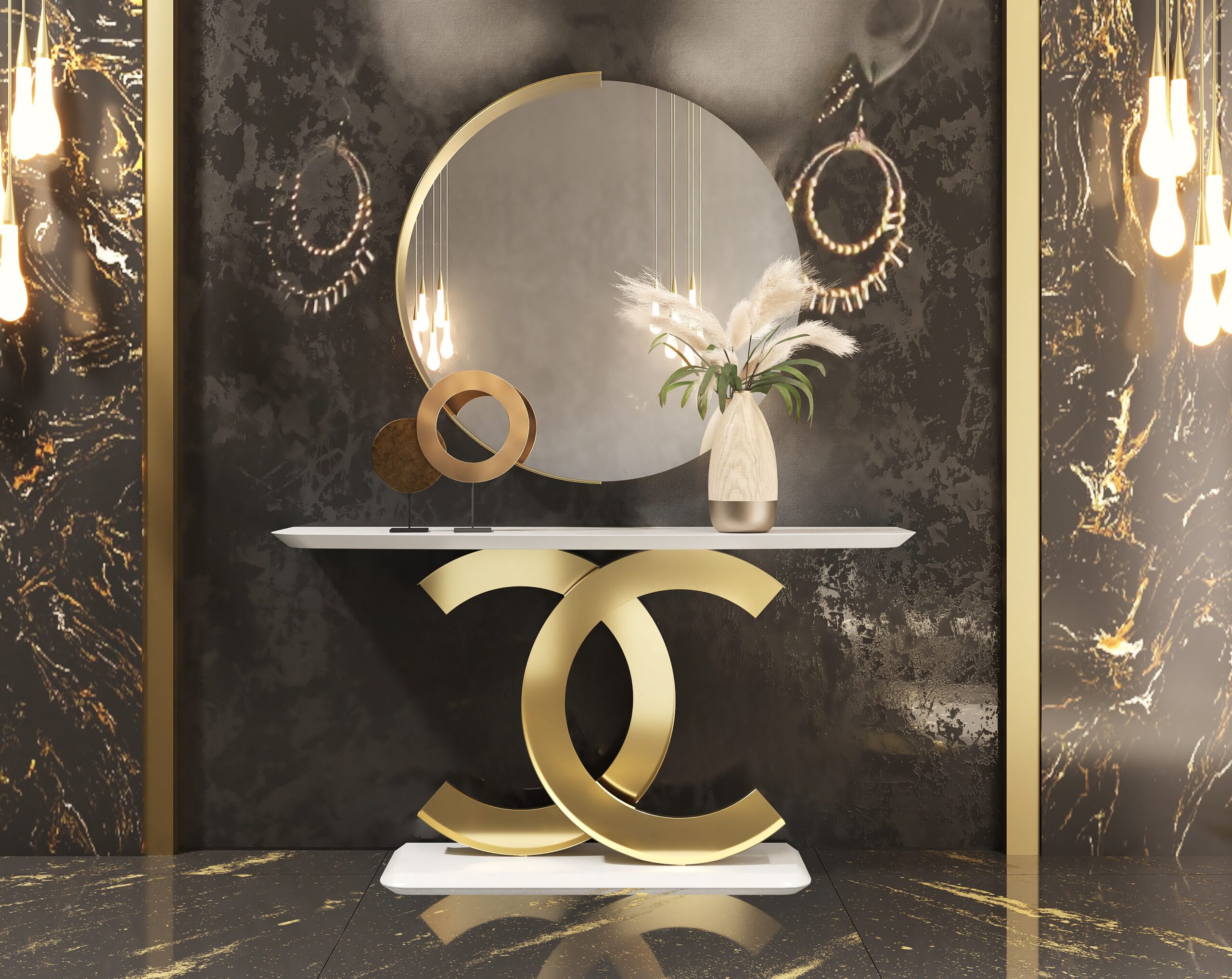 Consola de diseño dorada con espejo circular – Sofisticación y lujo para tu hogar
