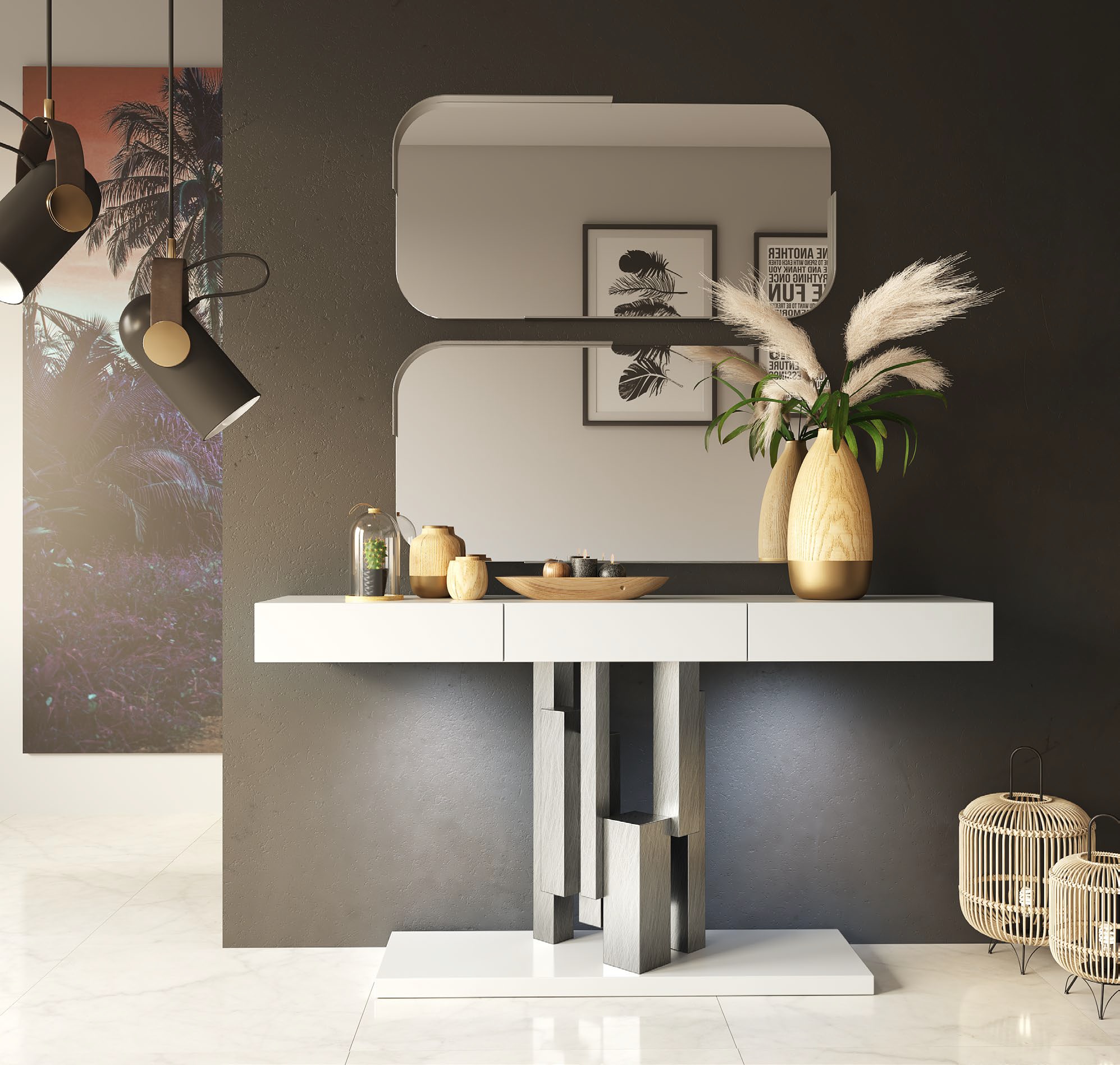 Consola moderna con base escultórica y espejo rectangular – Elegancia minimalista