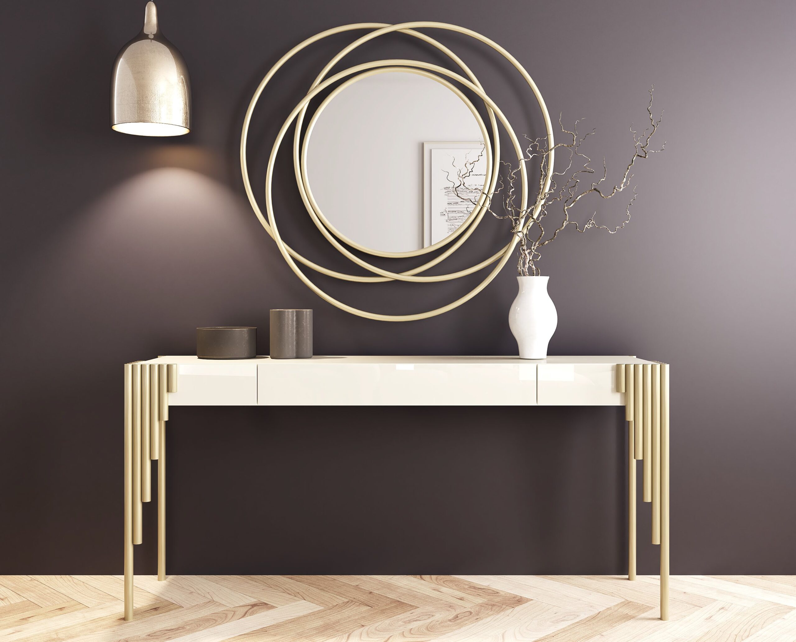 Consola minimalista con espejo circular de aros – Diseño moderno y elegante